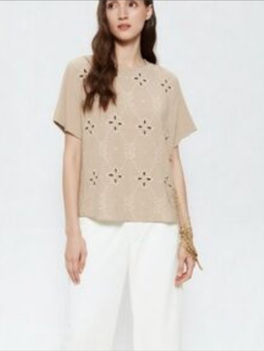 Halston Heritage Beige Eyelet Short-Sleeve Top